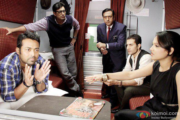 Leander Paes, Sudhanshu Pandey, Gulshan Grover and Priyanshu Chatterjee in a still from Rajdhani Express Movie