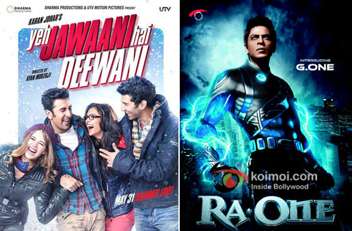 Ranbir Kapoor, Deepika Padukone, Kalki Koechlin, Aditya Roy Kapur in Yeh Jawaani Hai Deewani And Shah Rukh Khan in Ra.one Movie Poster