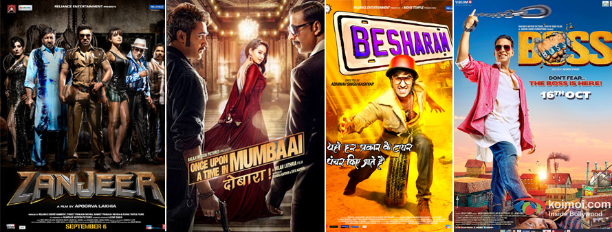 Zanjeer, Once Upon A Time In Mumbaai Dobaara!, Besharam and Boss movie poster