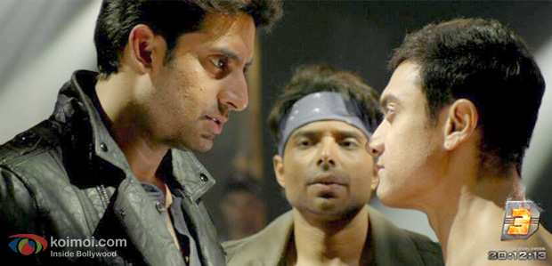 Abhishek Bachchan, Uday Chopra and Aamir Khan in a still from Dhoom 3