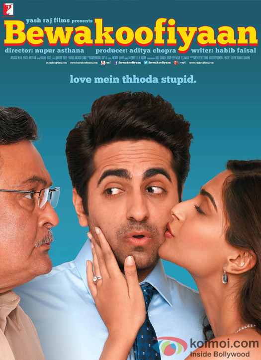 Rishi Kapoor, Ayushmann Khurrana and Sonam Kapoor in a 'Bewakoofiyaan' movie poster