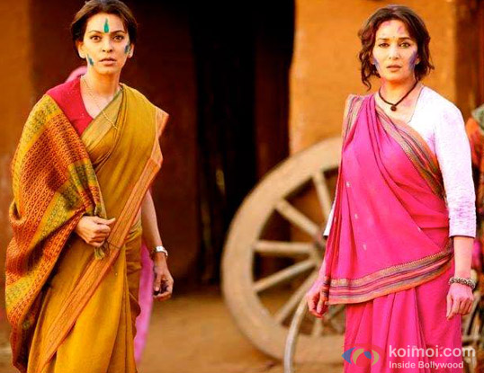Juhi Chawla and Madhuri Dixit in a still from movie 'Gulaab Gang'