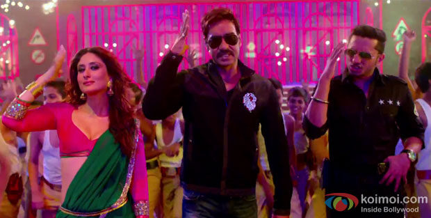Kareena Kapoor, Ajay Devgan and Yo Yo Honey Singh in a 'Aata Majhi Satakli' song still from movie 'Singham Returns'
