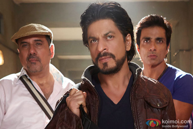 Boman Irani, Shah Rukh Khan and Sonu Sood in a still from movie 'Happy New Year'