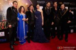 Boman Irani, Farah Khan, Shah Rukh Khan, Deepika Padukone, Abhishek Bachchan, Sonu Sood and Vivaan Shah during The Grand World Premiere of Happy New Year in Dubai