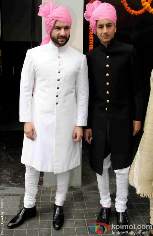 Saif Ali Khan and Ibrahim Ali Khan duirng the Soha Ali Khan and Kunal Khemu's wedding