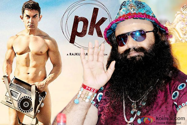 Aamir Khan in a still from 'PK' movie poster and Gurmeet Ram Rahim Singh