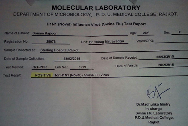 Sonam Kapoor's H1N1 Lab Report