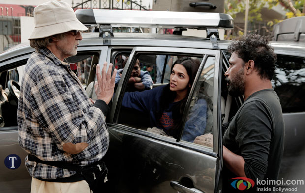 Amitabh Bachchan, Deepika Padukone and Shoojit Sircar on the sets of movie 'Piku'