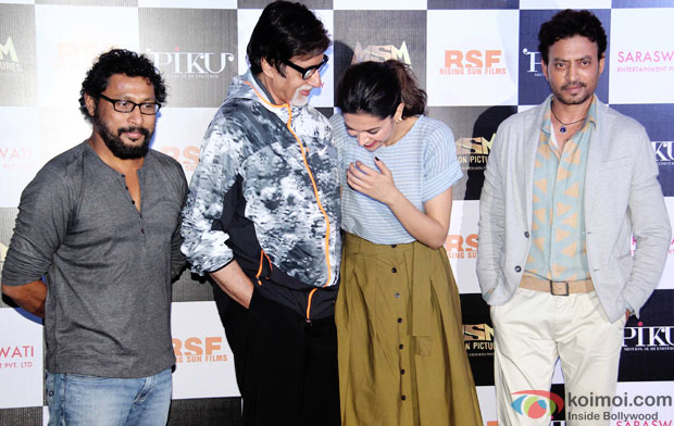 Shoojit Sircar, Amitabh Bachchan, Deepika Padukone and Irrfan Khan during the trailer launch of movie 'Piku'