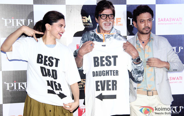Deepika Padukone, Amitabh Bachchan and Irrfan Khan during the trailer launch of movie 'Piku'