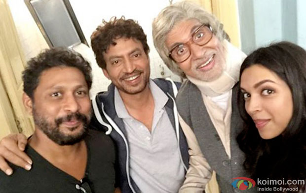 Shoojit Sircar, Irrfan Khan,  Amitabh Bachchan and Deepika Padukone on the sets of movie 'Piku'