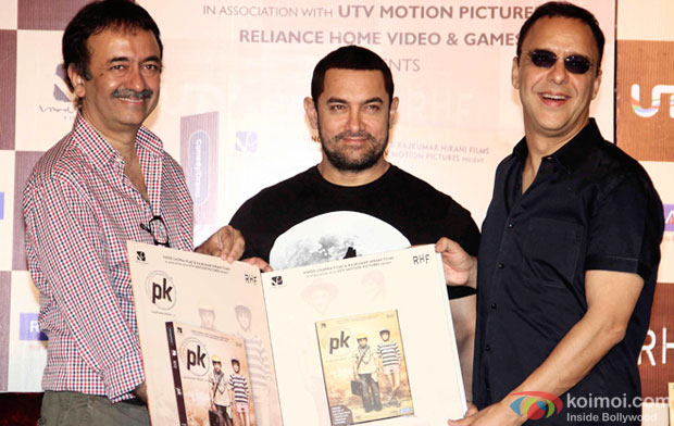 Rajkumar Hirani, Aamir Khan and Vidhu Vinod Chopra during the PK's DVD launch