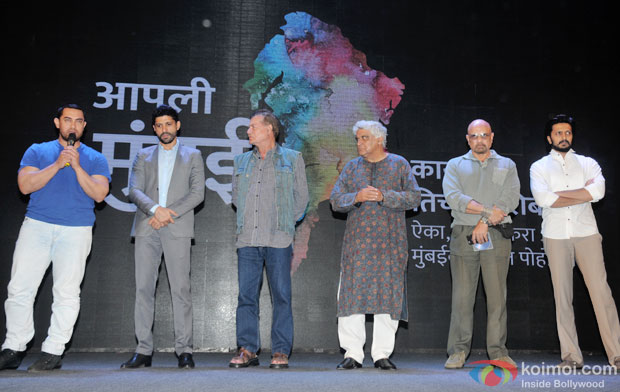 Aamir Khan, Farhan Akhtar, Salim Khan, Javed Akhtar, and Riteish Deshmukh during the meeting to discuss the Development Plan For Mumbai