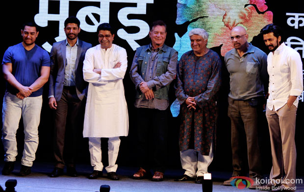Aamir Khan, Farhan Akhtar, Raj Thackeray, Salim Khan, Javed Akhtar, and Riteish Deshmukh during the meeting to discuss the Development Plan For Mumbai
