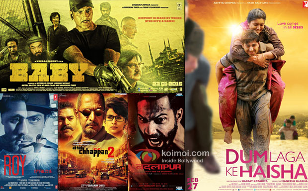 Baby, Roy, Ab Tak Chhappan 2, Badlapur and Dum Laga Ke Haisha movie posters