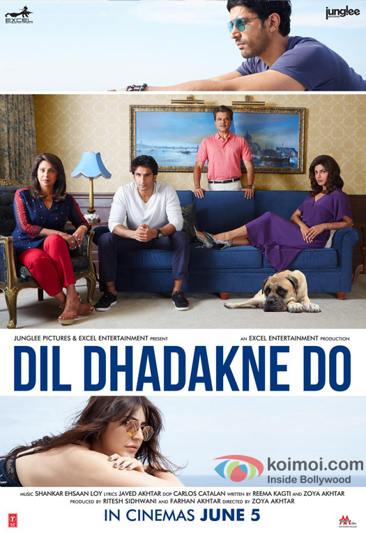 Farhan Akhtar, Shefali Shah, Ranveer Singh, Anil Kapoor, Priyanka Chopra and Anushka Sharma in a still from 'Dil Dhadakne Do' movie poster