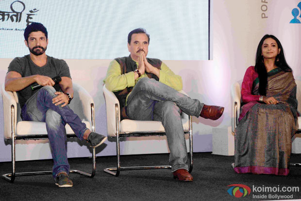 Farhan Akhtar, Feroz Abbas and Meinal Vaishnav at the launch of tele series 'Main Kuch Bhi Kar Sakti Hoon'