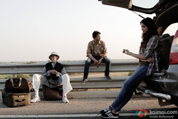 Amitabh Bachchan, Irrfan Khan and Deepika Padukone in a still from movie 'Piku'
