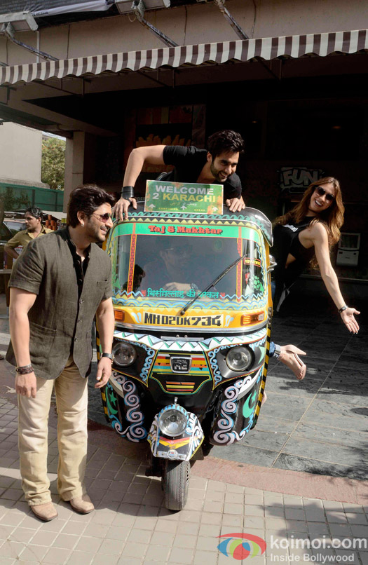 Arshad Warsi, Jackky Bhagnani and Lauren Gottlieb during the trailer launch of film Welcome To Karachi