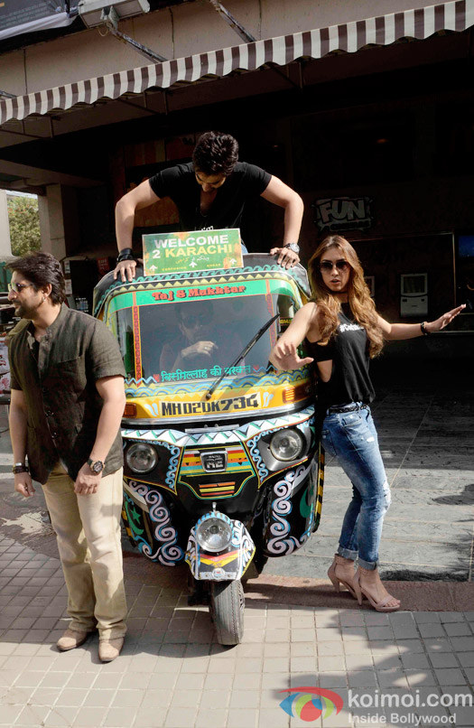 Arshad Warsi, Jackky Bhagnani and Lauren Gottlieb during the trailer launch of film Welcome To Karachi