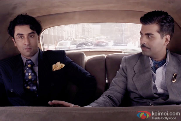 Ranbir Kapoor and Karan Johar in a still from movie 'Bombay Velvet'