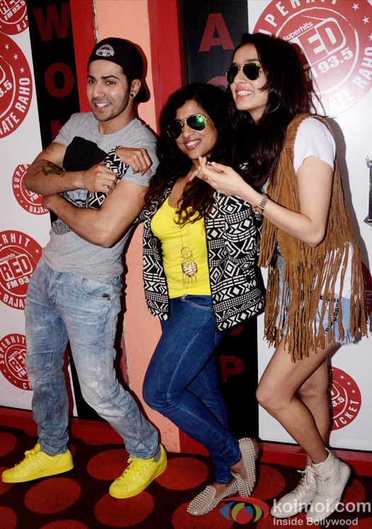 Varun Dhawan, RJ Malishka and Shraddha Kapoor during the promotion of 'ABCD 2' at  Red FM