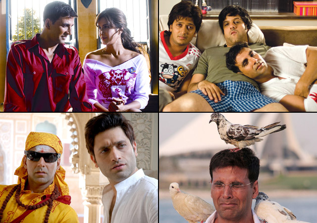 Akshay Kumar in a still from movie Namastey London (2007), Heyy Babyy (2007), Bhool Bhulaiyaa (2007) and Welcome (2007)