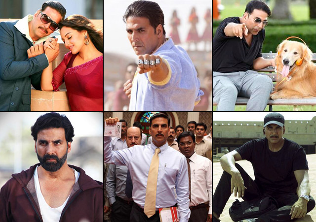 Akshay Kumar in a still from movie Once Upon ay Time in Mumbai Dobaara! (2013), Boss (2013), Entertainment (2014), Gabbar Is Back (2015), Special 26 (2013) and Baby (2015)