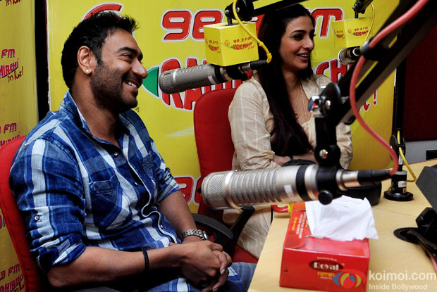 Ajay Devgn and Tabu during the promotion of movie Drishyam at Red FM 93.5