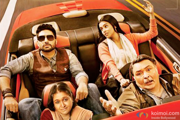 Supriya Pathak, Abhishek Bachchan, Asin and Rishi Kapoor in a still from 'All Is Well' movie poster  