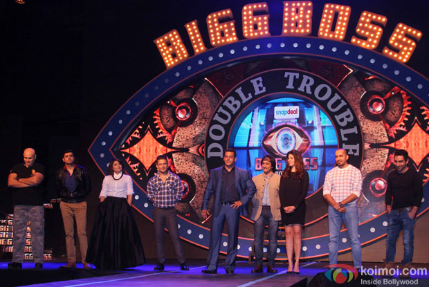 Puneet Issar, Rj Pritam, Urvashi Dholakia, Siddharth Bhardwaj, Salman Khan, Rajeev Paul,  Sambhavna Seth, Ali Quli and Praneet Bhatt   during the Launch of Bigg Boss season 9