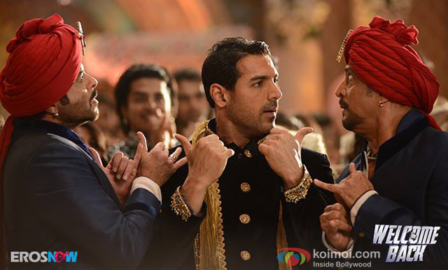 Anil Kapoor, John Abraham and Nana Patekar in a still from movie 'Welcome Back'
