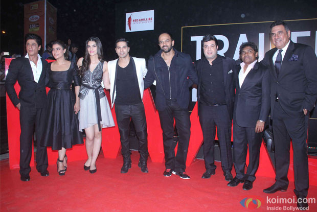  Rohit Shetty, Varun Dhawan, Shah Rukh Khan, Kajol, Kriti Sanon, Varun Sharma, Johnny Lever and Boman Irani during the trailer launch of film Dilwale