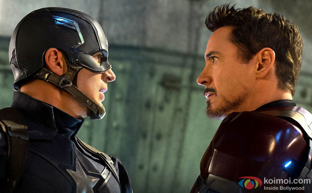 Robert Downey Jr. and Chris Evans in a still from movie 'Captain America: Civil War'