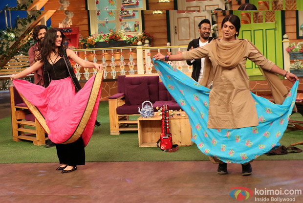 Ritesh Deshmukh, Nargis Fakhri and Dharmesh Yelande on the sets of The Kapil Sharma Show