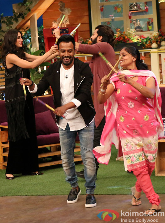 Ritesh Deshmukh, Nargis Fakhri and Dharmesh Yelande on the sets of The Kapil Sharma Show