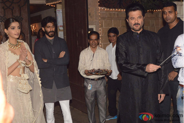 Harshwardhan Kapoor, Anil Kapoor and Sonam Kapoor during Diwali celebrations