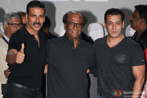 Salman Khan, Rajnikanth and Akshay Kumar during the first look launch of film 2.0