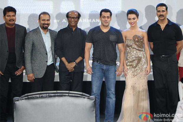 A. R. Rahman, S Shankar, Rajnikanth, Salman Khan, Amy Jackson and Akshay Kumar during the first look launch of film 2.0