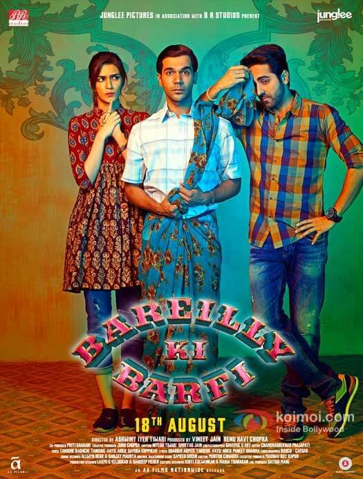 Rajkumar dons a saree as Kriti and Ayushmann look on in this endearing poster of 'Bareilly ki Barfi'