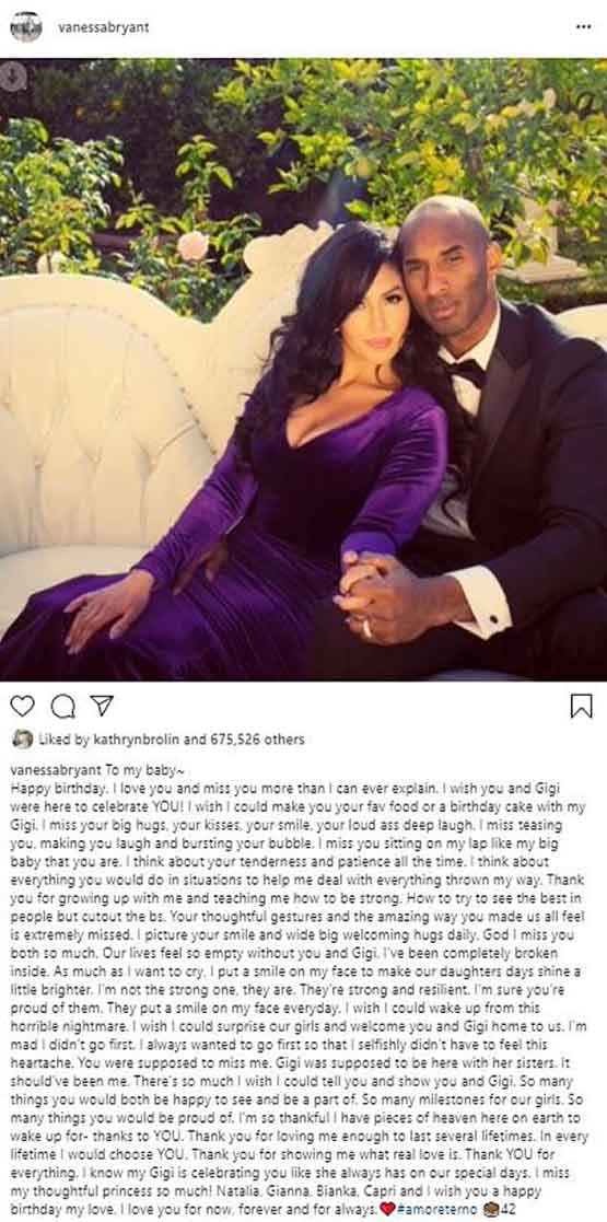 Vanessa Bryant On Late Kobe Bryant’s 42nd Birthday: “As Much As I Want To Cry, I Put A Smile..."