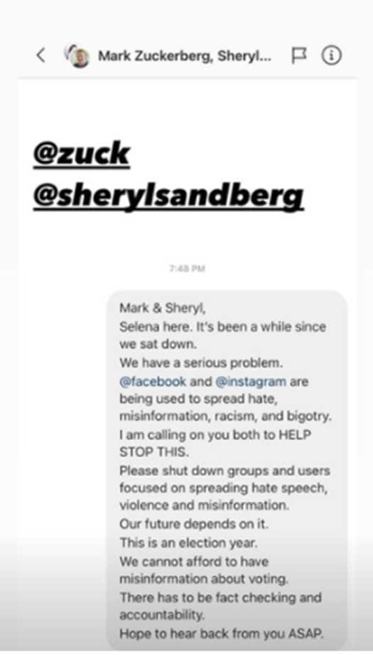 Selena Gomez Appeals Mark Zuckerberg To Stop Spread Of Racism & Misinformation