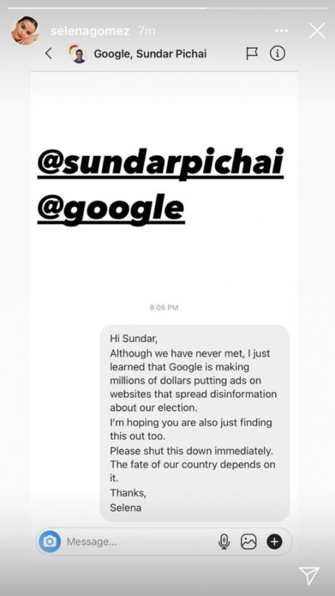Selena Gomez's direct message to Google CEO Sundar Pichai