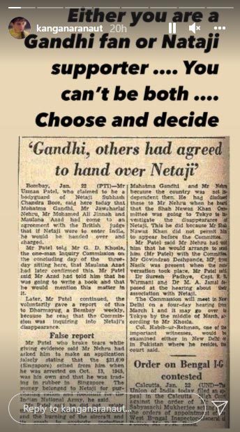 Kangana Ranaut Starts Gandhi & Netaji Debate