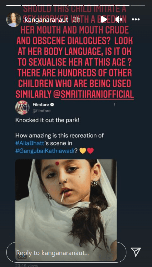 Kangana Ranaut Slams Gangubai Kathiawadi Over 'Chhoti Alia Bhatt' Kiara Khanna's Viral Reel & Tags Smriti Irani: "Should This Child Imitate A S*x Worker..."