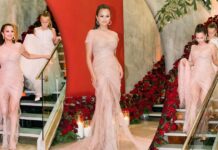 Selena Gomez Wore A Sheer Versace Gown In Peach Colour That Featured A Modest Train