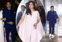 Bipasha Basu Looks Pretty Rocking A Light Pink Deep Neck Gown To Her Baby Shower