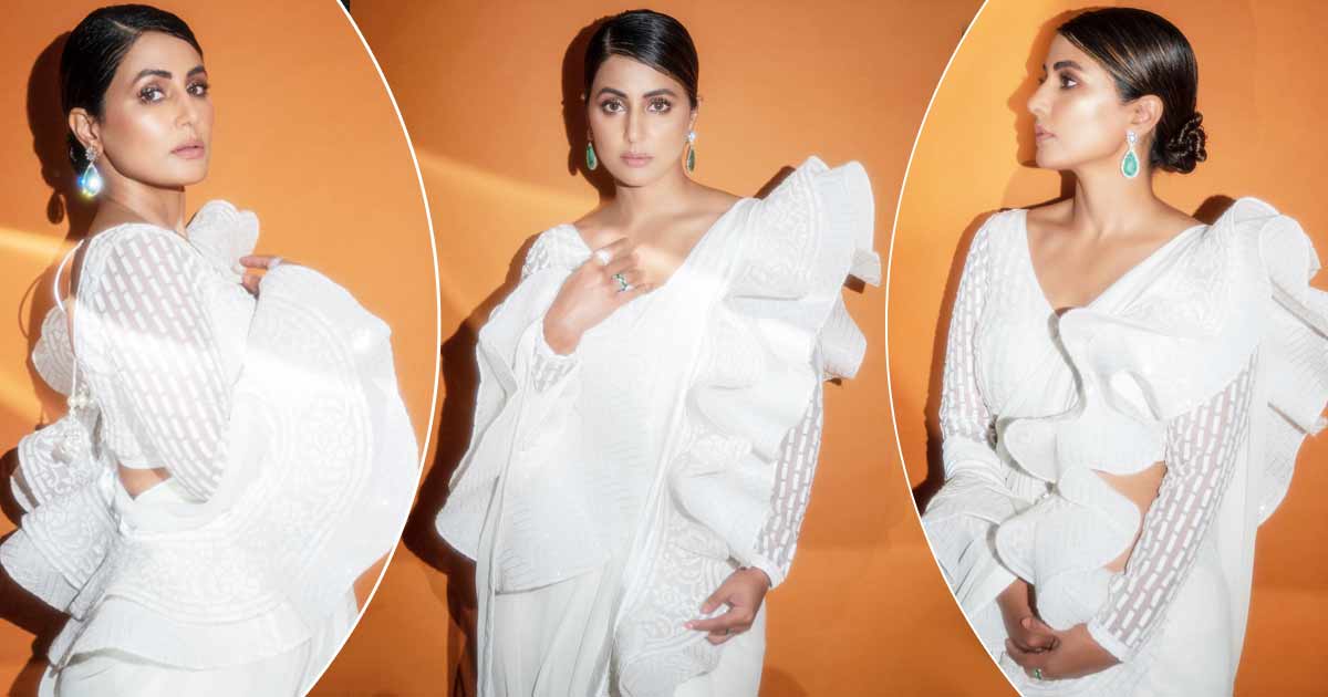Hina Khan Is A Vision In White In A Ruffle Saree With Dramatic Sleeves