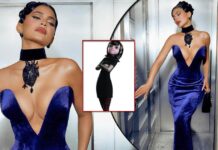 Kylie Jenner Slays In A Midnight Blue Plunging Neckline Velvet Dress Paired With An Anatomical Heart Shocker! Eludes Queen Of Hell Vibes
